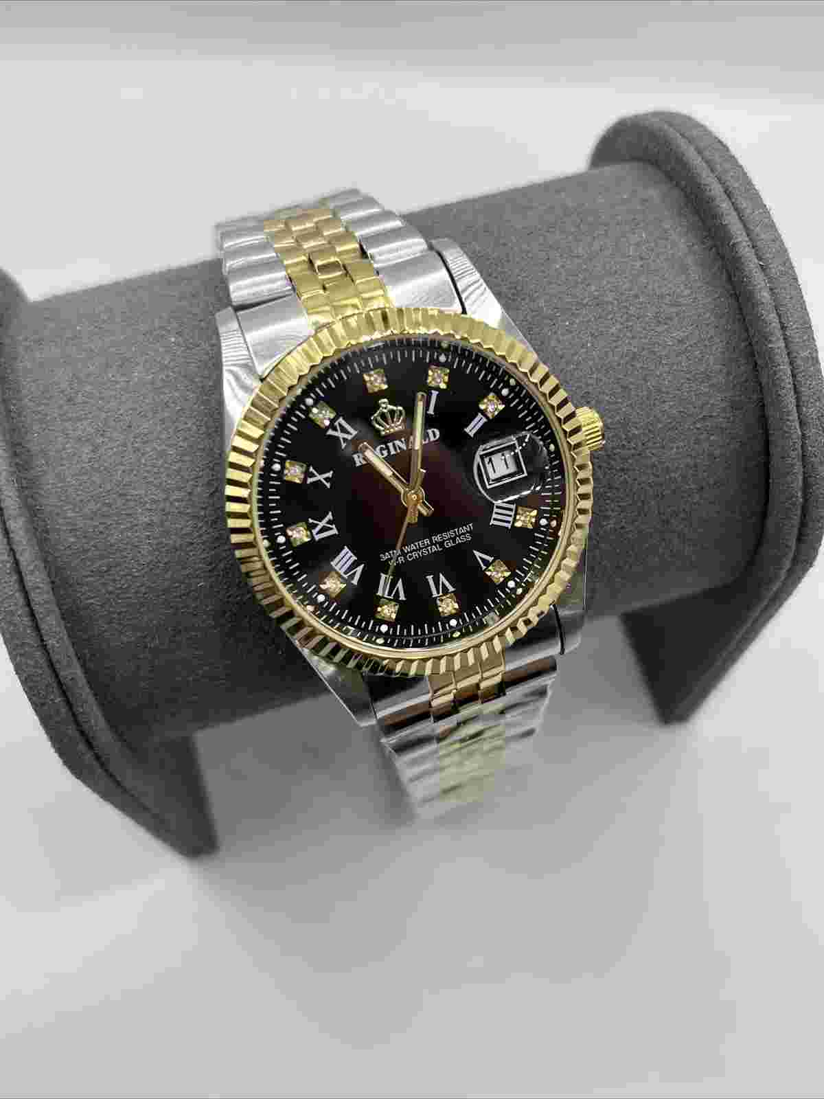 Reginald Mens Wrist Watch Black Gold Silver Analog Quartz New Battery. New