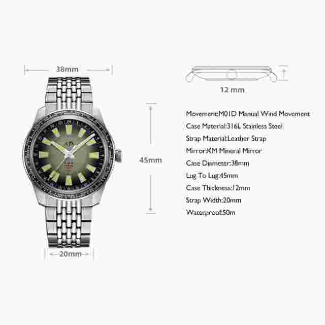 MERKUR Men Watch 38mm Luxury Manual Wind Mechanical Wristwatch Worldtime Luminou