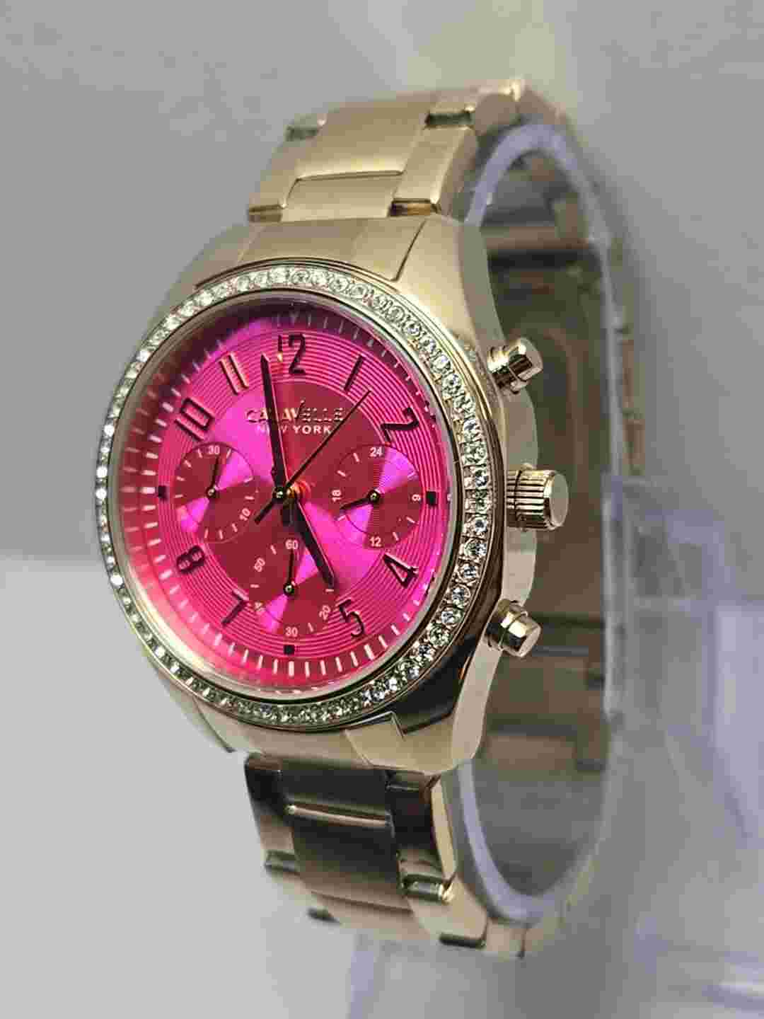 Womens Caravelle By Bulova Gold Tone Pink Chronograph Watch 44L166 New Battery