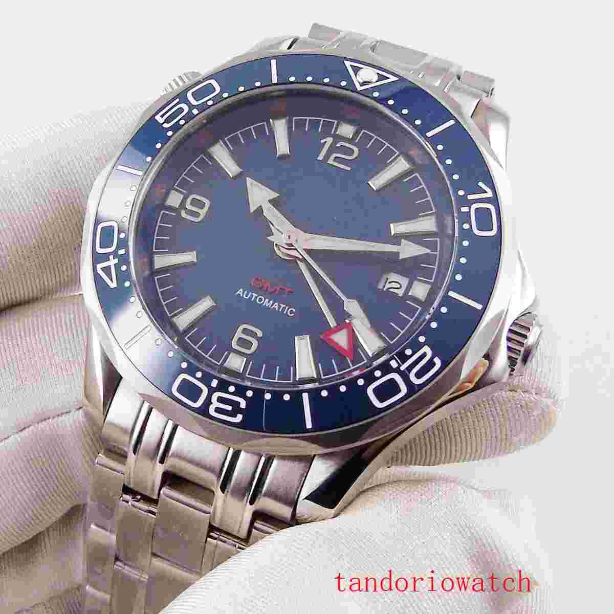 New 41mm blue dial auto date GMT mechanical automatic men watch stainless strap