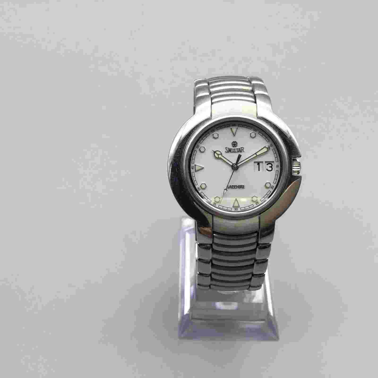 Swistar Watch Women 35mm Silver Tone Date  2335-5M Stainless New Battery 6.5"