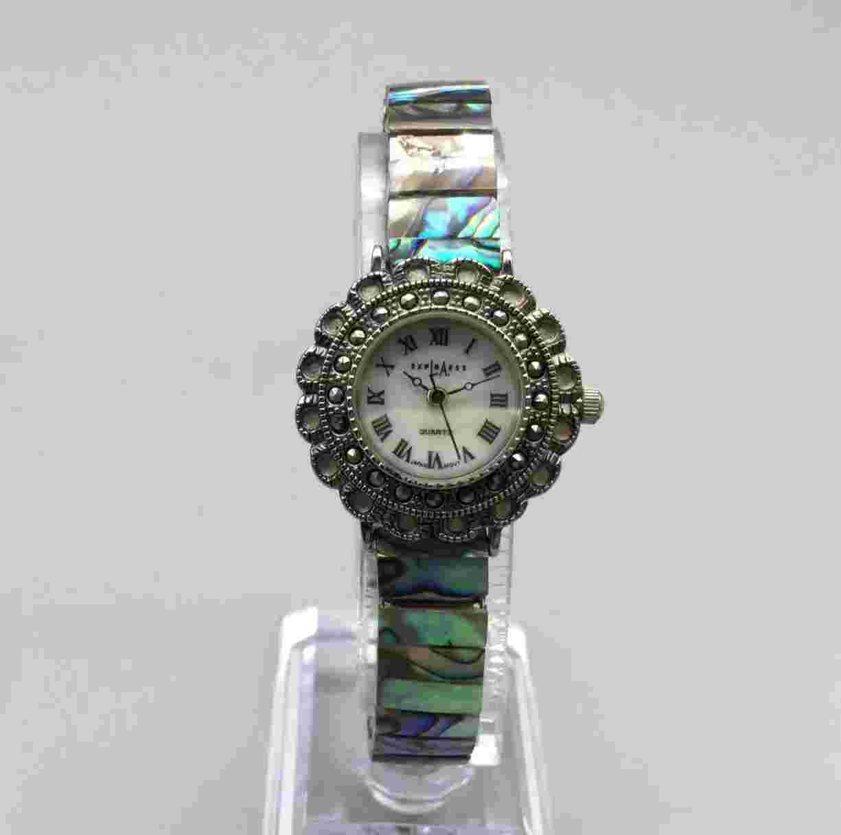 La Express Marcasite Watch Women 29mm MOP Dial Abalone Stretch Band New Battery