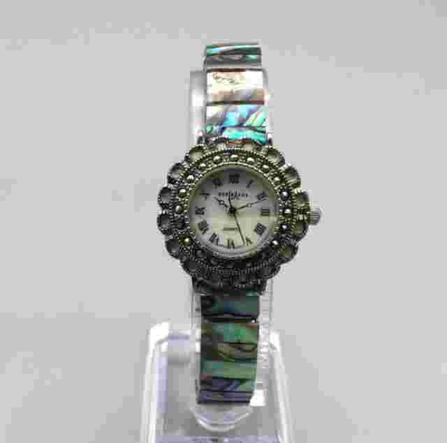 La Express Marcasite Watch Women 29mm MOP Dial Abalone Stretch Band New Battery