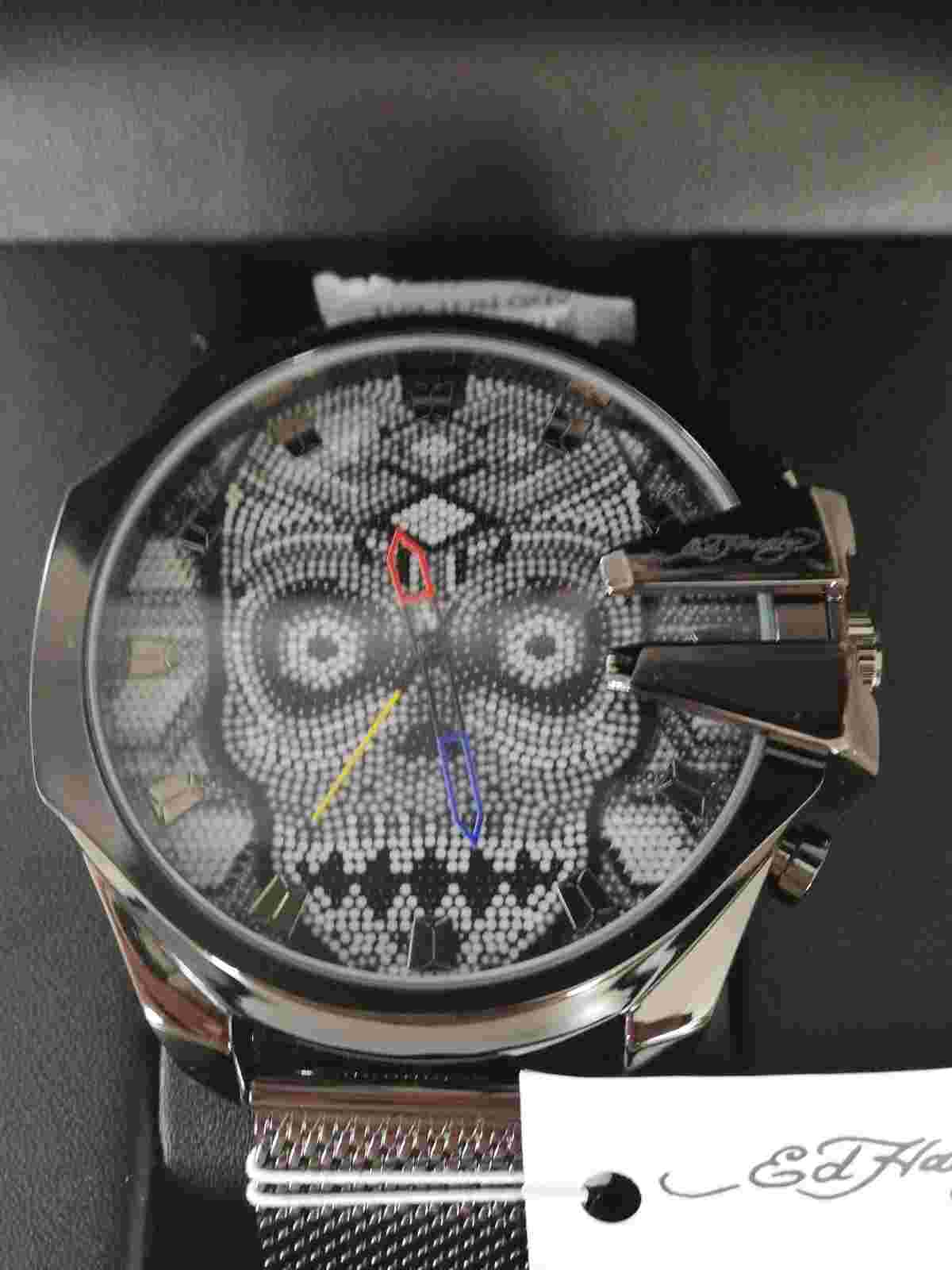 Ed Hardy Men’s Skullface Watch Black Aluminum Strap New