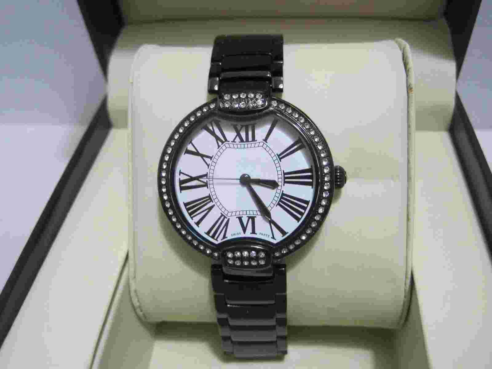 Bronzo Italia Bronze Pave' Crystal Bezel Round Panther Link Watch Black