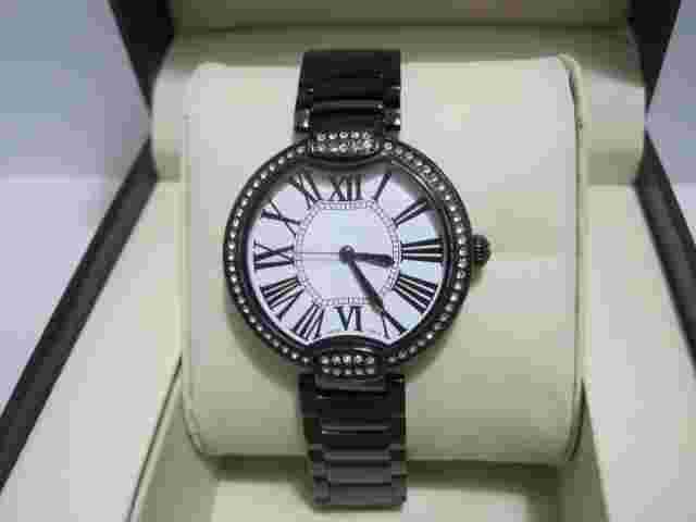 Bronzo Italia Bronze Pave' Crystal Bezel Round Panther Link Watch Black