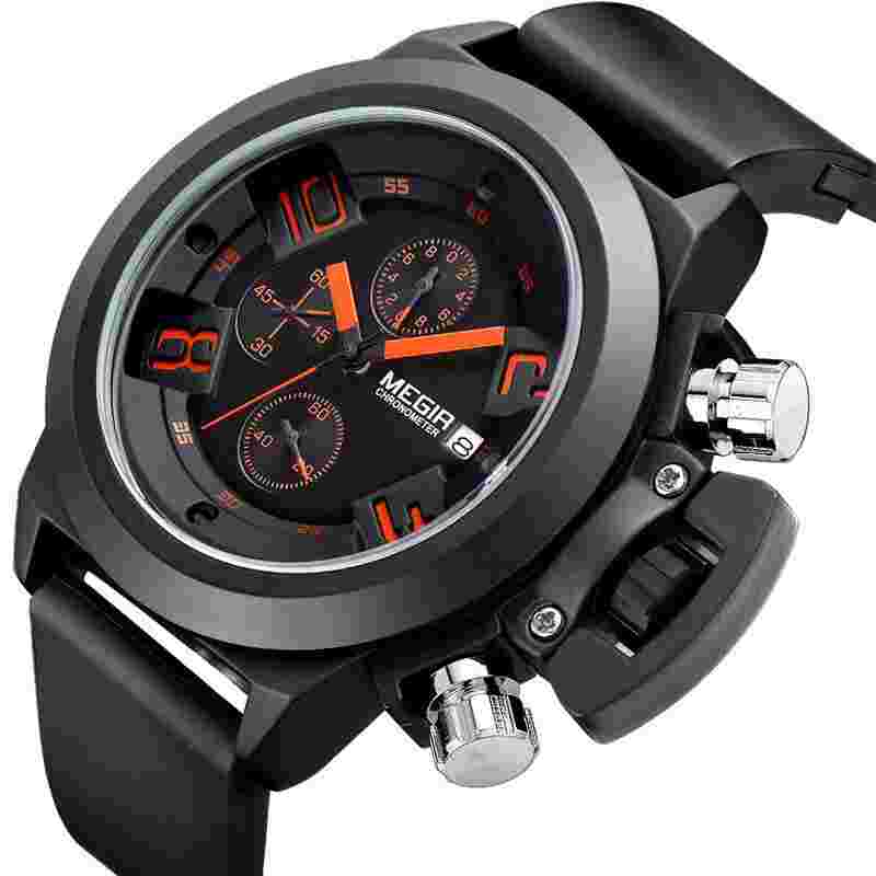 MEGIR Silicone Band Analog Chronograph Stop Watch Military Styligh Mens Watches