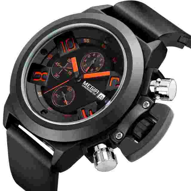 MEGIR Silicone Band Analog Chronograph Stop Watch Military Styligh Mens Watches