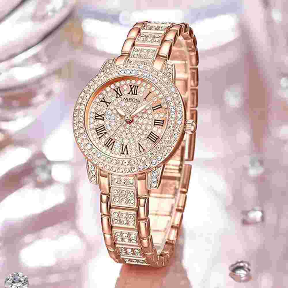 NIBOSI Wrist Watches Analog Rose Gold Dial for Girls & Ladies Diamond F Ship