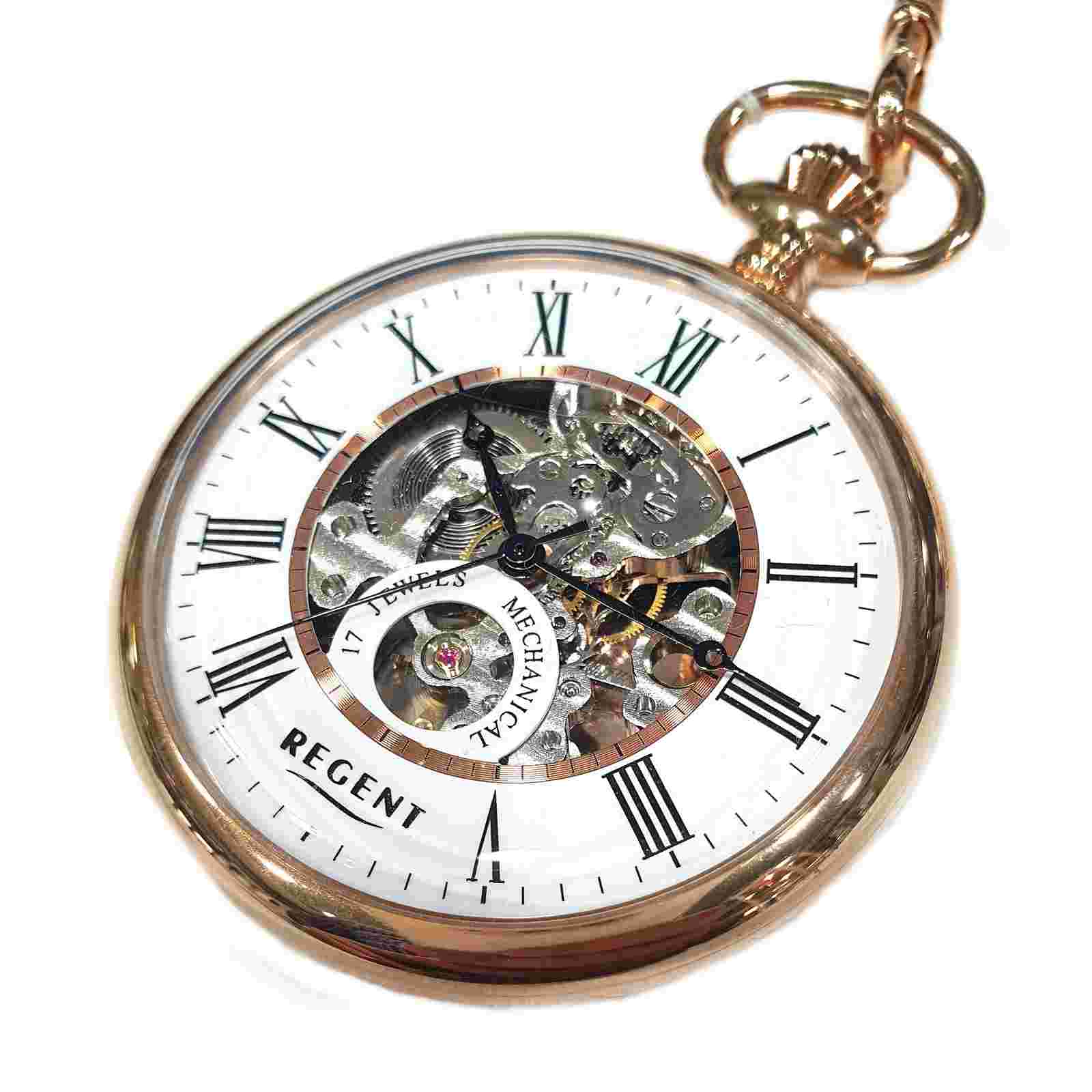 Regent 1041742 Pocket Watch Manual Wind Skeleton with Chain Rose Gold