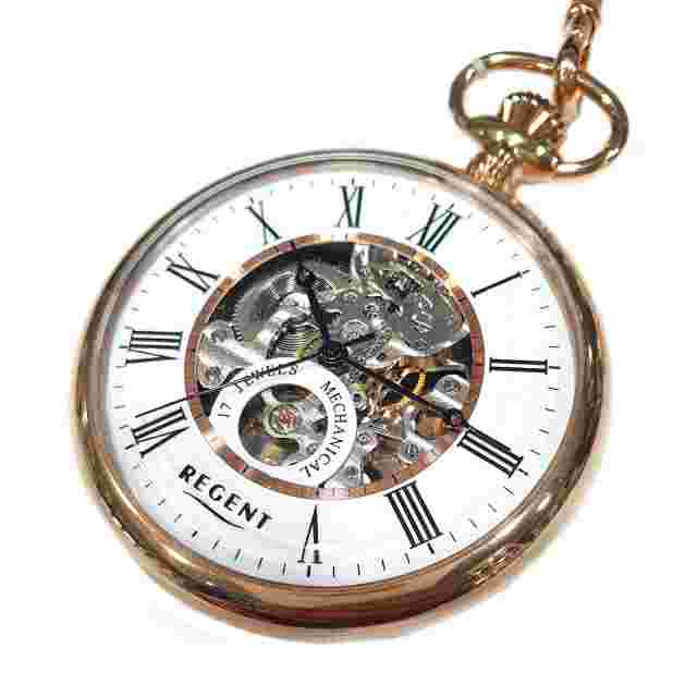 Regent 1041742 Pocket Watch Manual Wind Skeleton with Chain Rose Gold