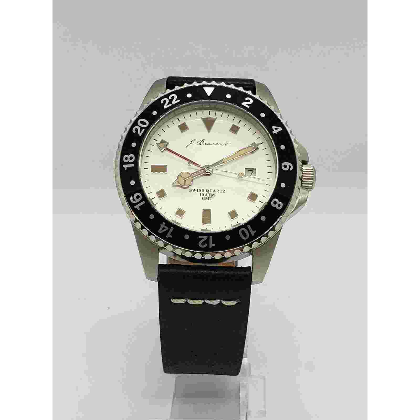 J. BRACKETT MEN Swiss WATCH - GREENWICH - Silver w/ Black Bezel - Black Leather