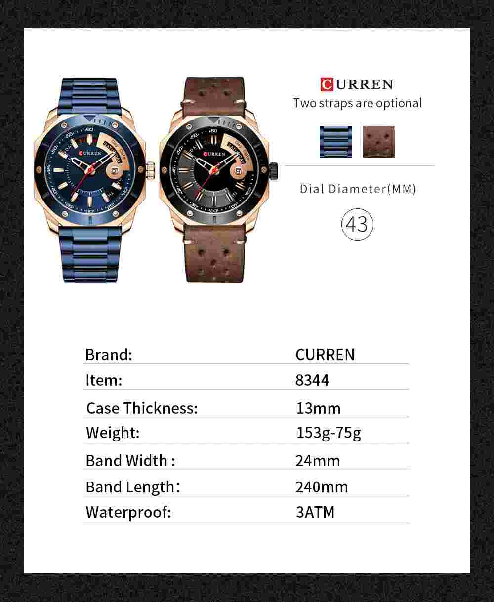 CURREN 8344 Men Quartz Watch Fashion Multifunction Wristwatch Stainless J7K3