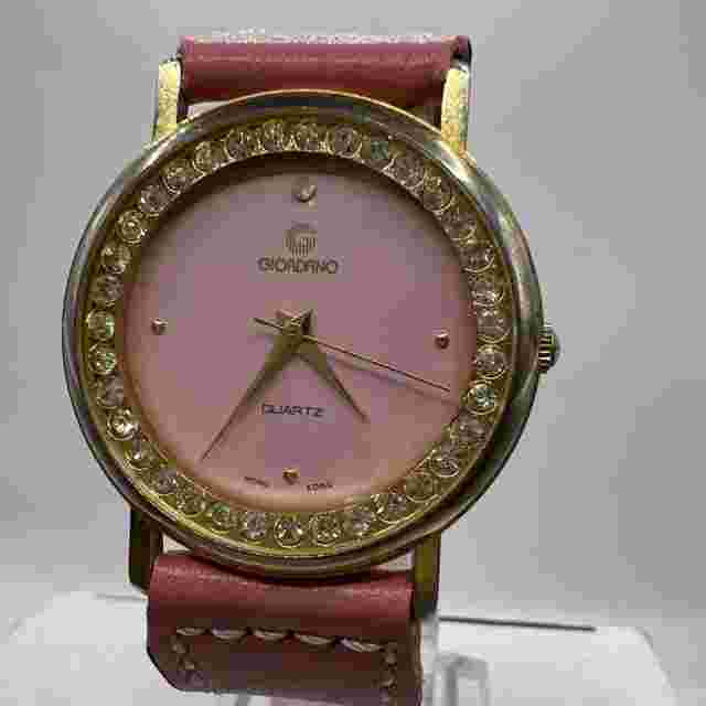 Women’s Beautiful Pink Giordano Quartz Crystal Watch Pink Leather Band