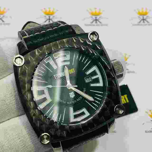 TechnoSport Black Ion Stainless Steel Large Dial Genuine Black Leather Watch