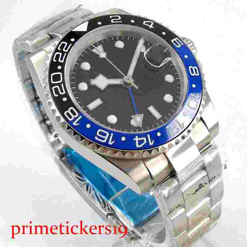 Blue black bezel 40mm black dial sapphire glass gmt automatic mens watch