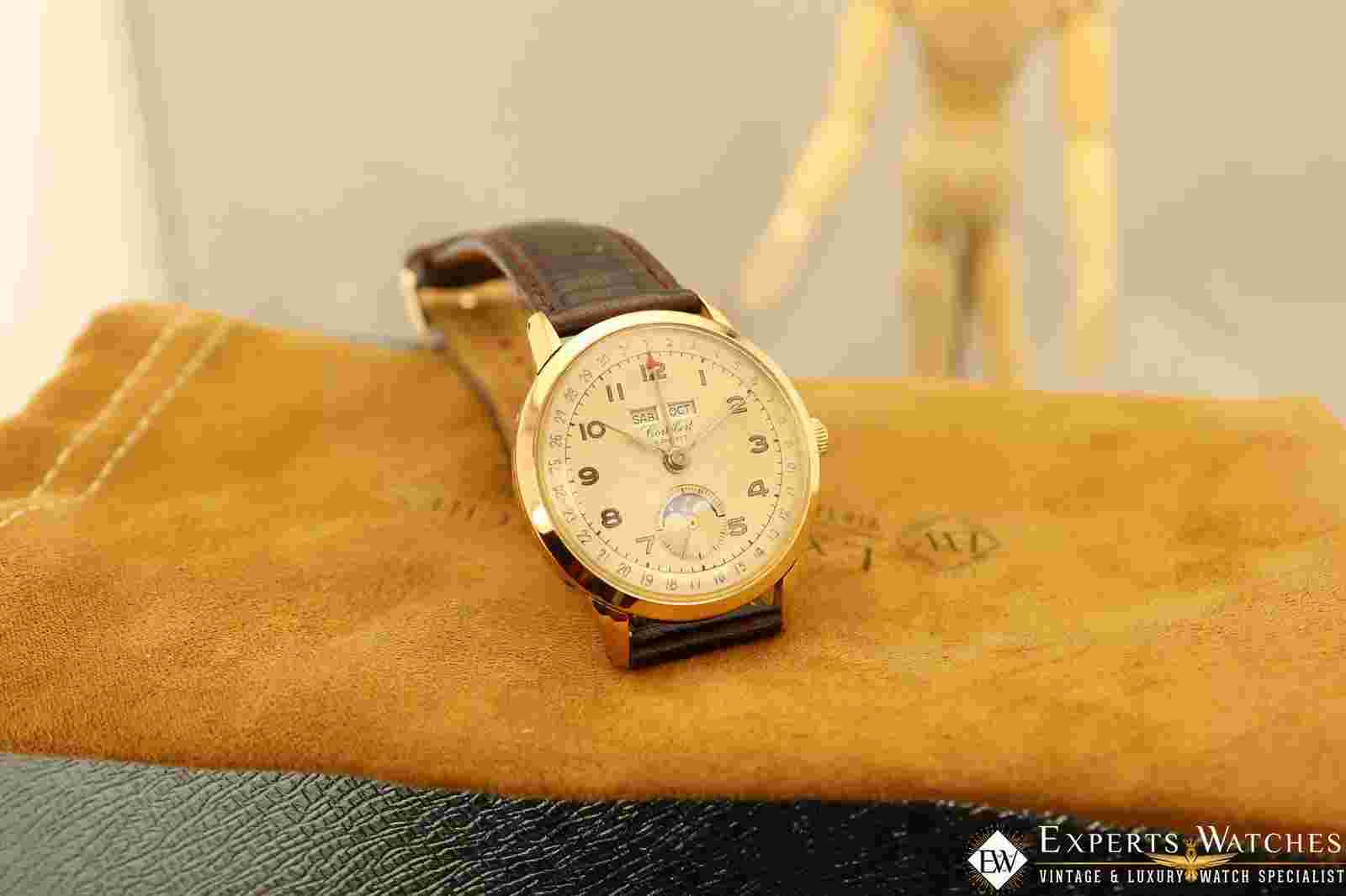 1940's Vintage Cortebert Sport Triple Date Italian Day Moonphase 18k Gold Watch