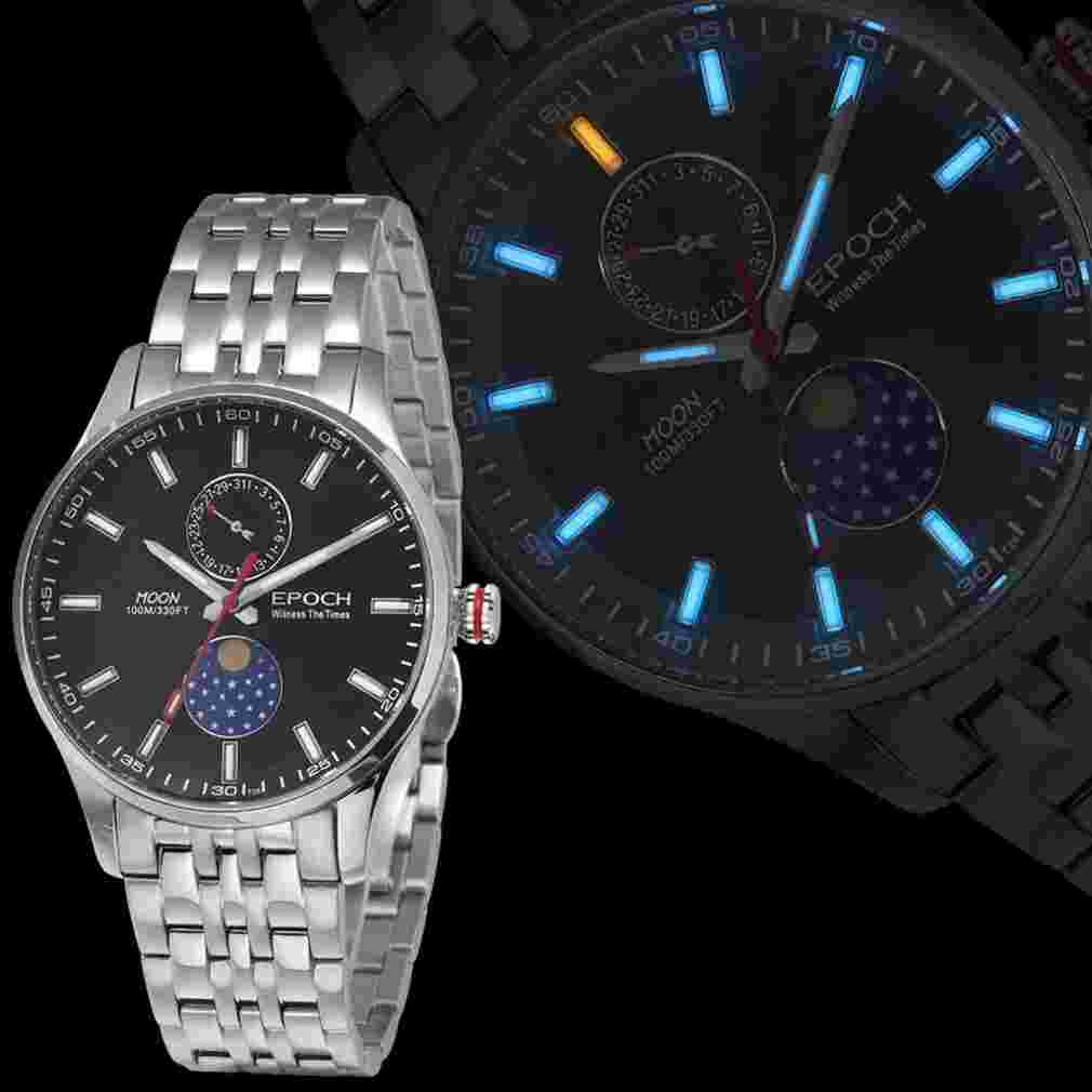EPOCH Men Watch Luxury Moon Phase Watches Luminous Business Quartz Wristwatch