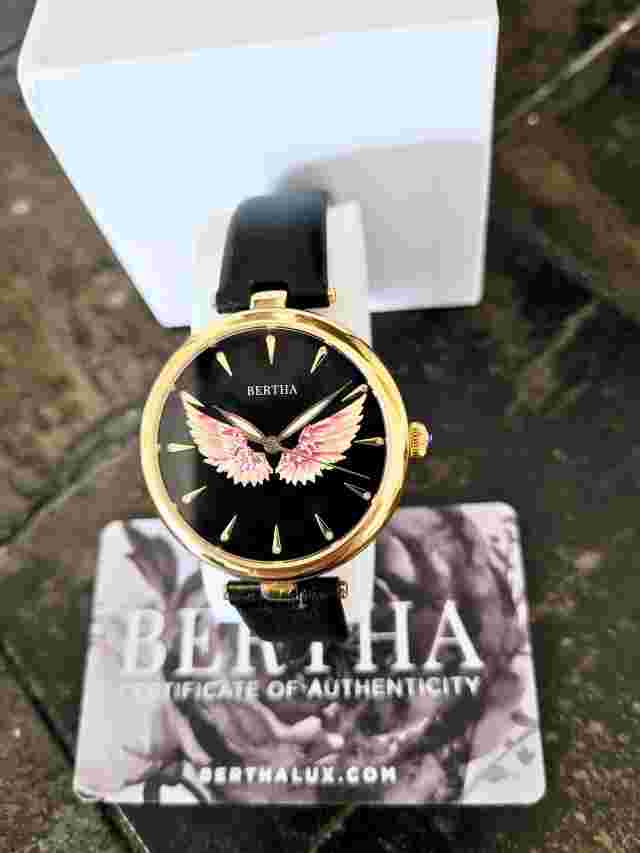 Bertha Women's Micah 3D Angel Wings On Dial Black Leather Watch