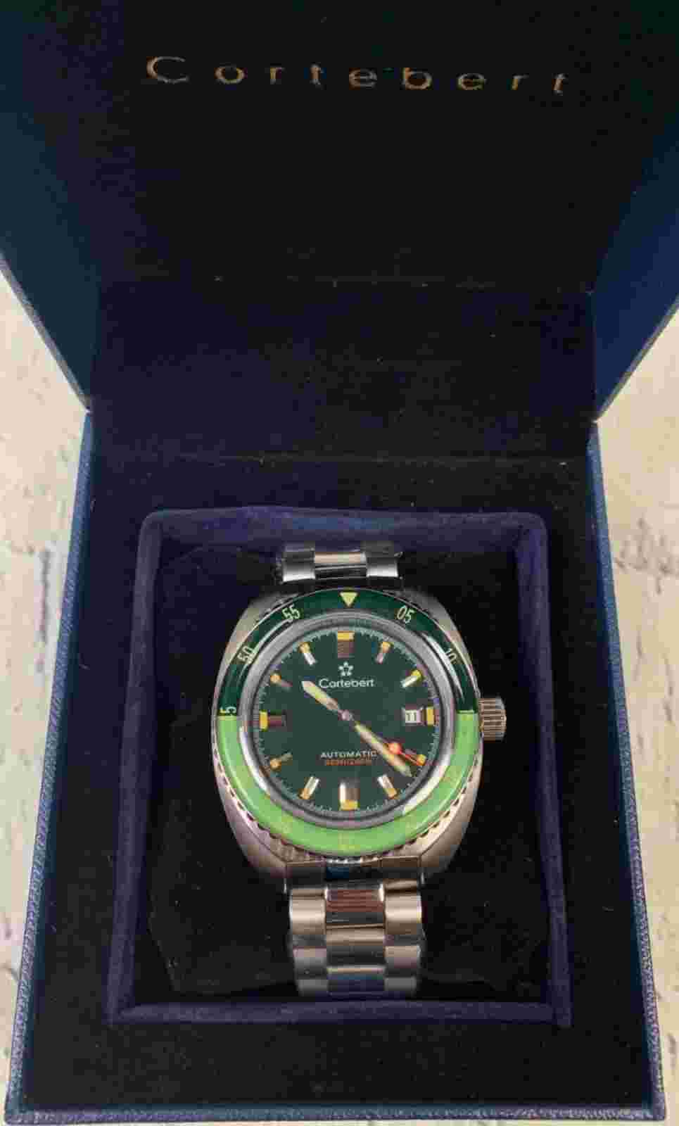 Cortebert Clipper Malachite Japan Automatic Date 42mm Watch 20mm Stainless Band