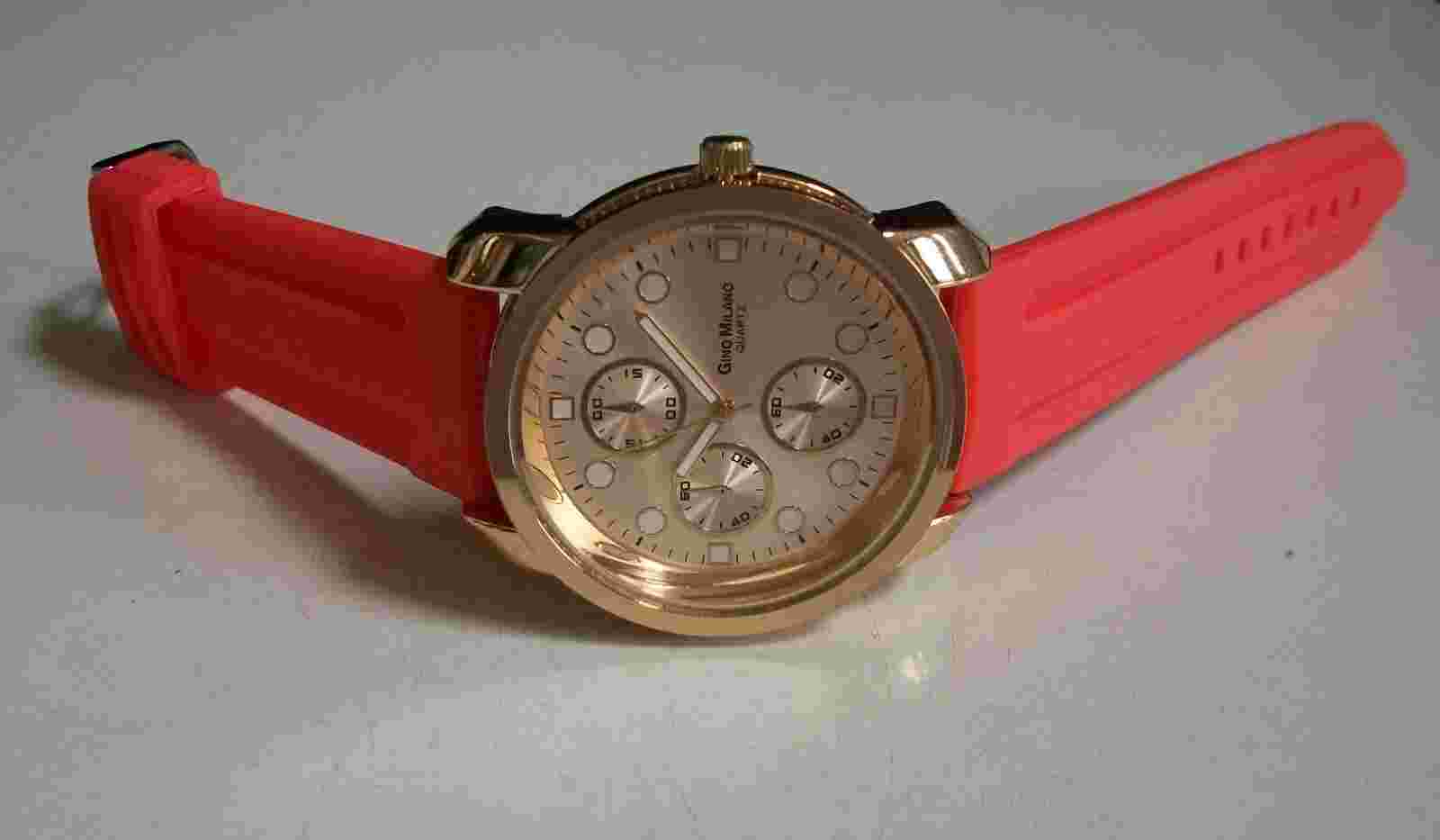 MEN'S GOLD FINISH ORANGE SILICONE BAND FASHION DRESSY HIP HOP WATCH