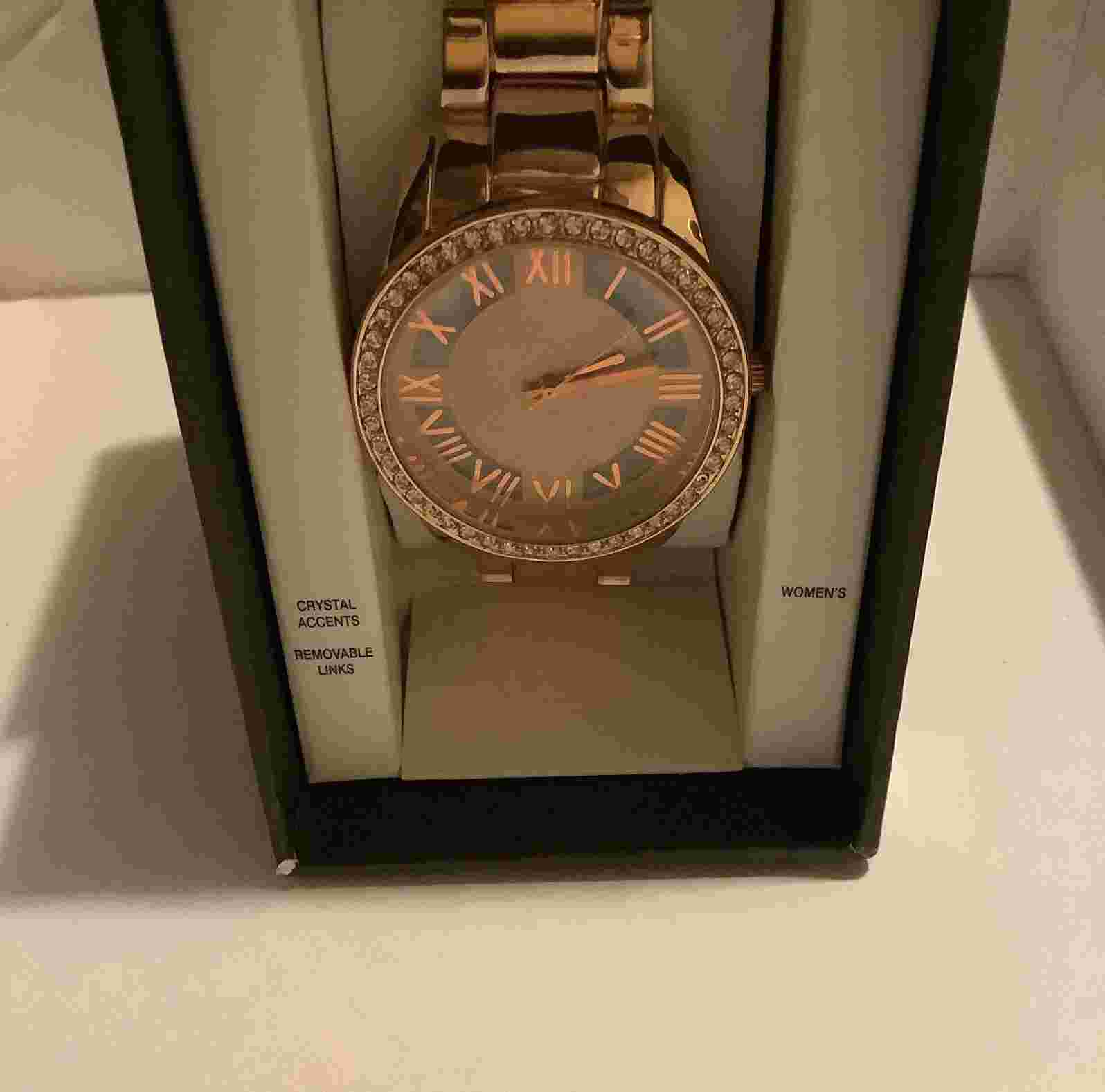Mossimo Target Womens Rose Gold Plated Crystal Bezel Accent Roman Numeral Watch