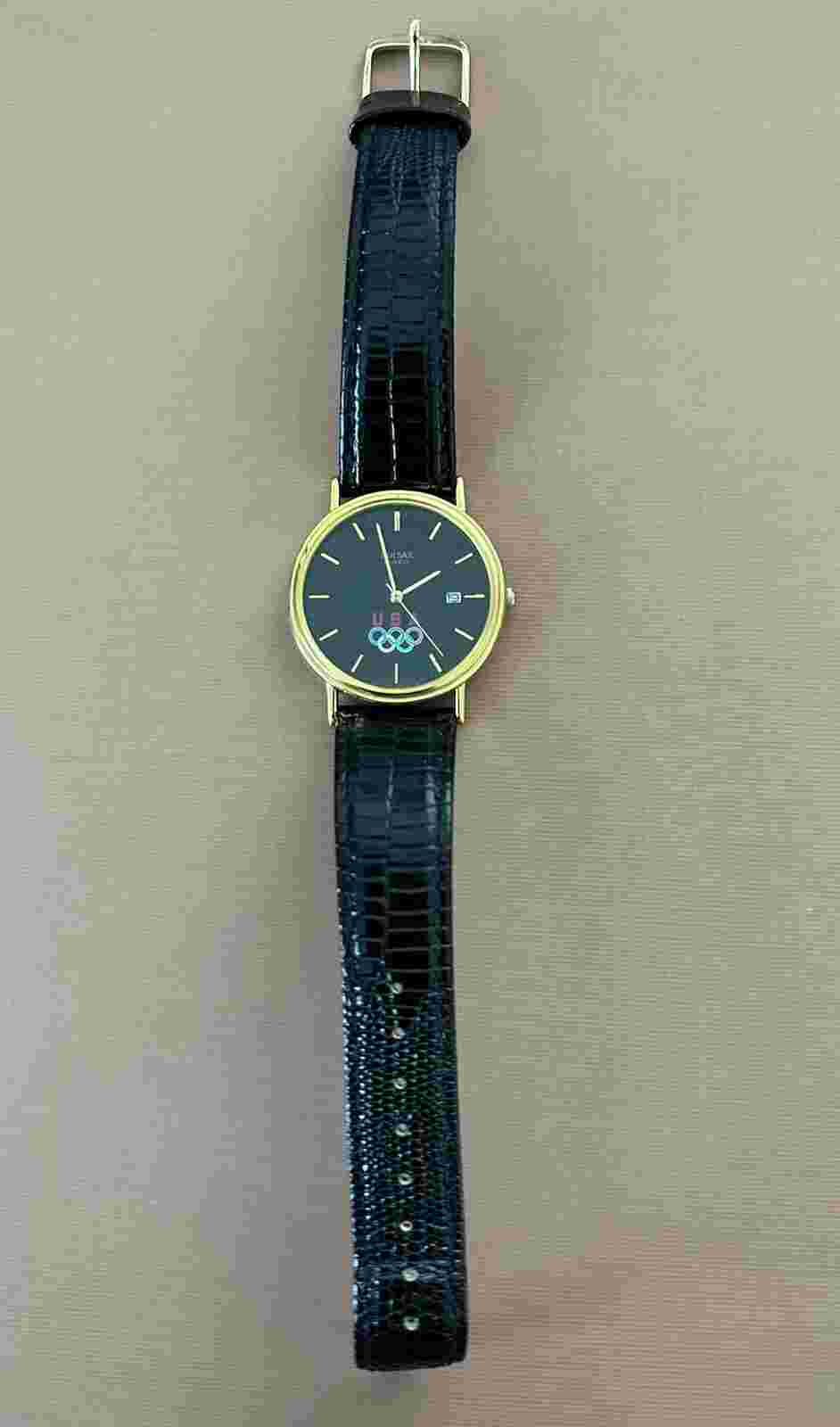 PULSAR Olympics USA Watch Quartz Gold Tone Black w/ Leather Band V722-8A30