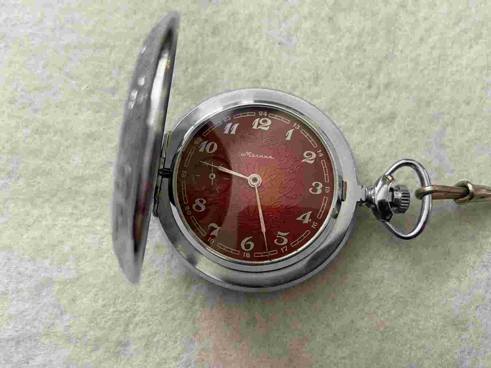 Vintage Russian Mechanical Wind Up Pocket Watch with an Embossed Red Dial