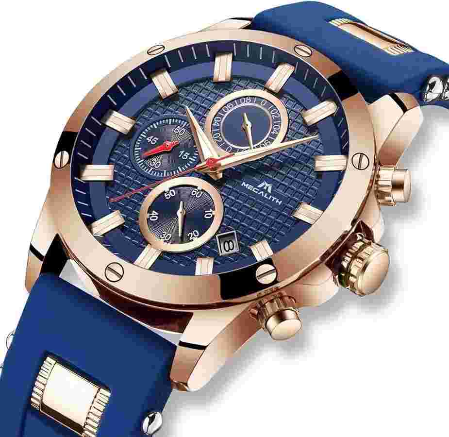 Megalith Luxury Mens Watch Chronograph Waterproof Calendar Quartz Golden Blue