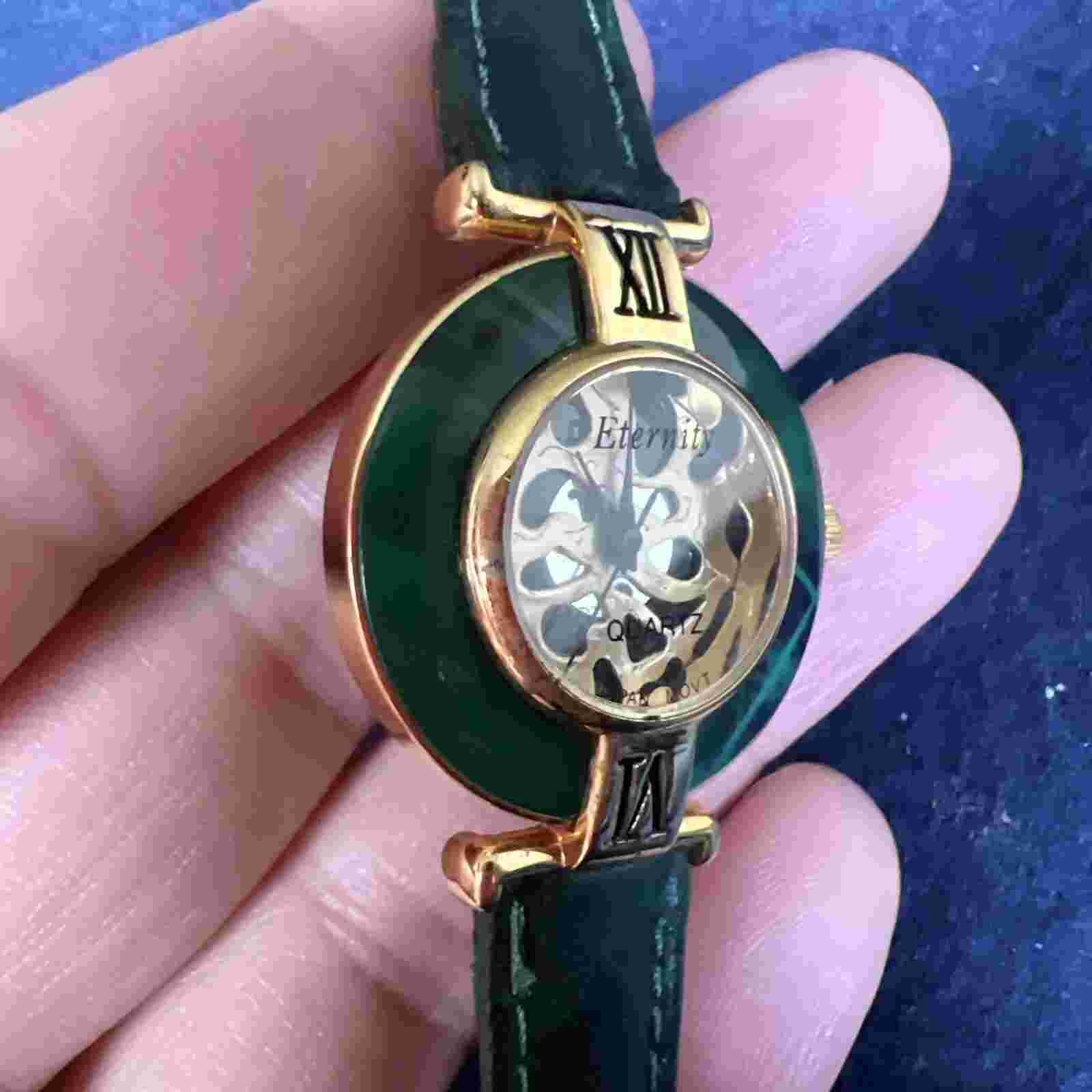 Vintage Eternity Watch Women Gold Tone Faceted Crystal Green Band NEW BATTERY