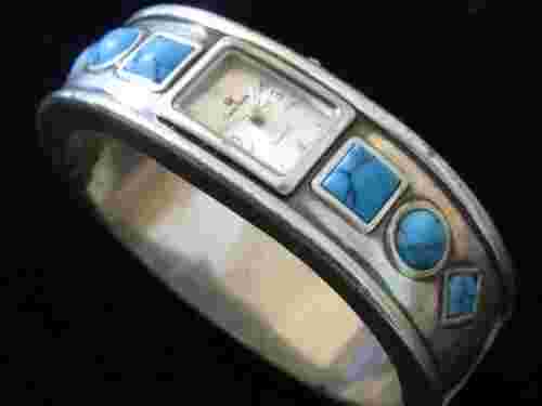 Signed Premier Designs Faux Turquoise Cab Silver Plated Bangle Wristwatch