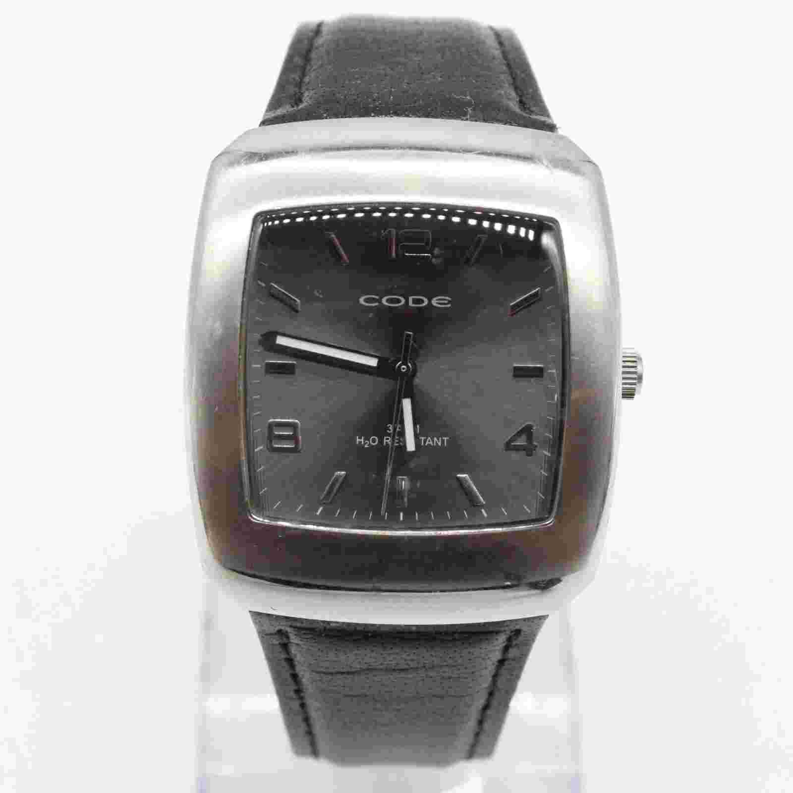 CODE Watch Mens Silver Tone Stainless Steel Classic Black Leather Band Quartz