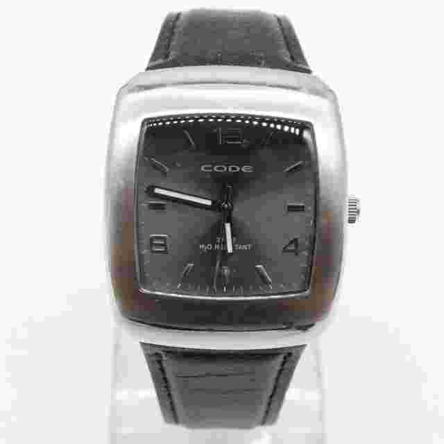 CODE Watch Mens Silver Tone Stainless Steel Classic Black Leather Band Quartz