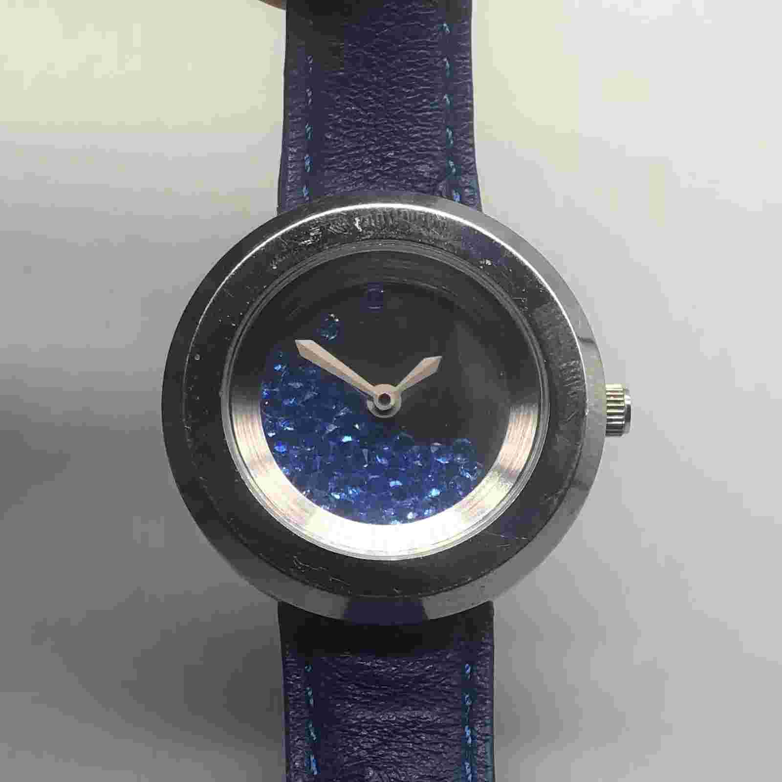 Andre Giroud Watch Women Silver Tone Blue Floating Crystals Leather New Battery