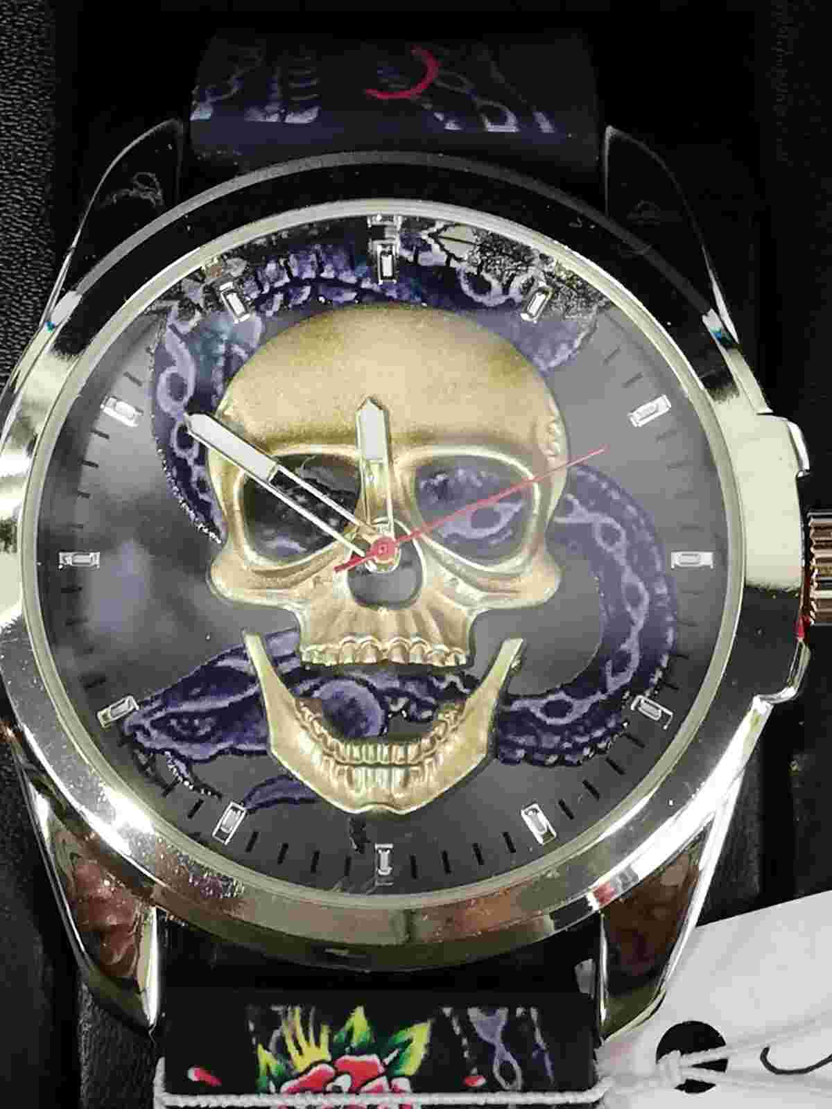 Ed Hardy Men’s Golden Skullface Watch Black Sneak Floral Strap New