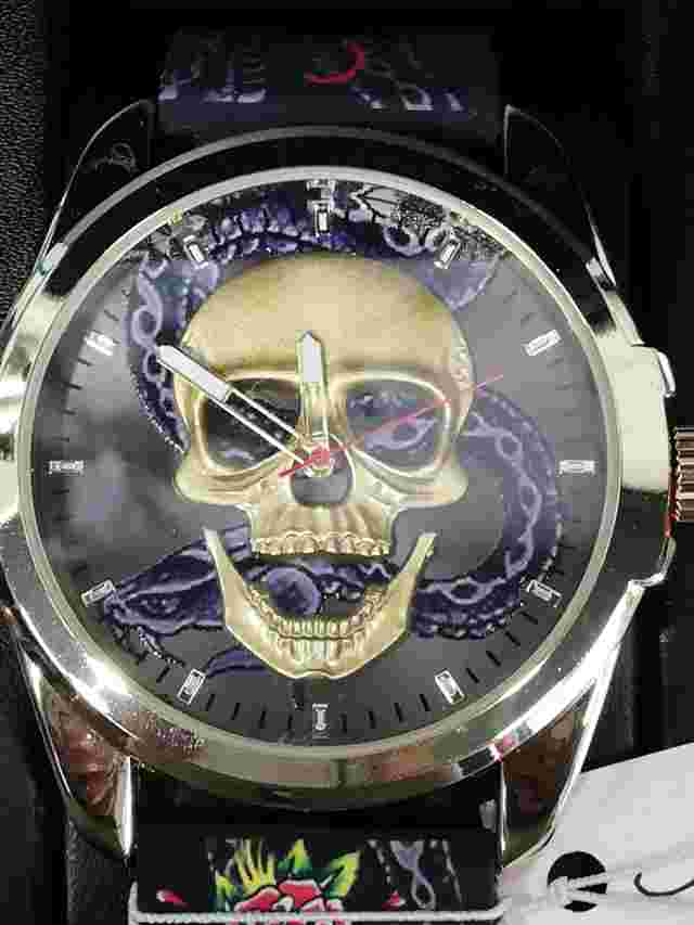 Ed Hardy Men’s Golden Skullface Watch Black Sneak Floral Strap New
