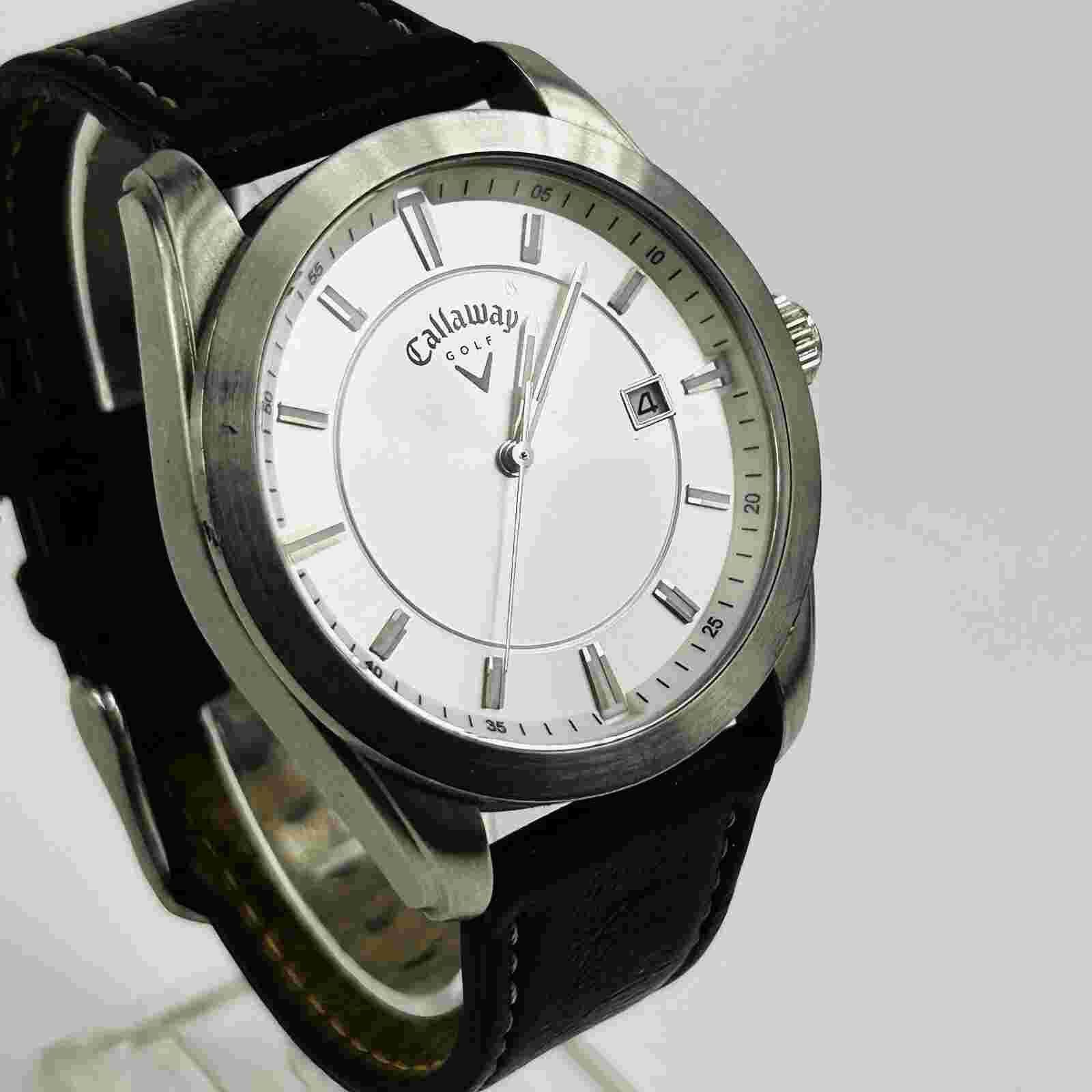 Callaway Golf Watch Men 41mm Silver Tone Silver Dial Black Leather Date New Batt