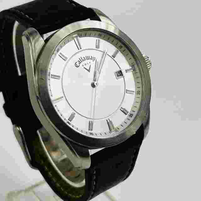 Callaway Golf Watch Men 41mm Silver Tone Silver Dial Black Leather Date New Batt