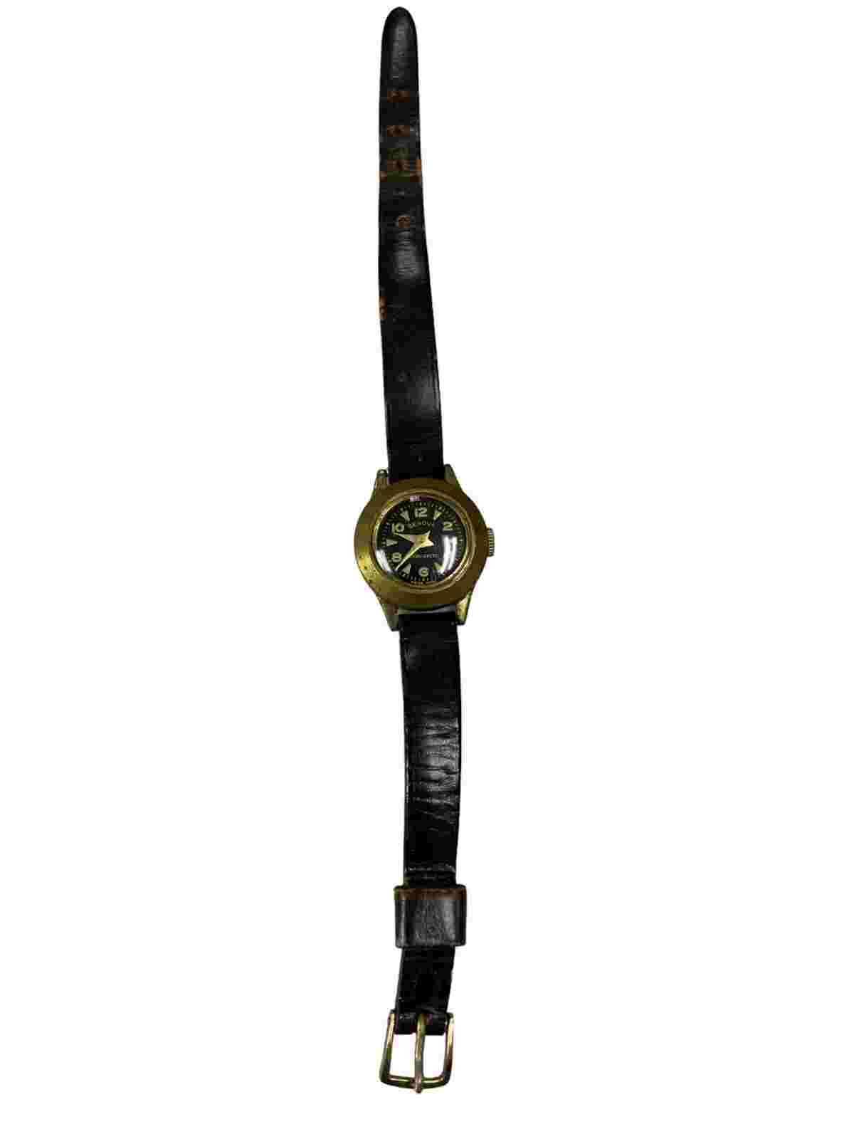 Genova Antimagnetic Gold Tone Black Dial Swiss Made Watch w/ Black Leather Band