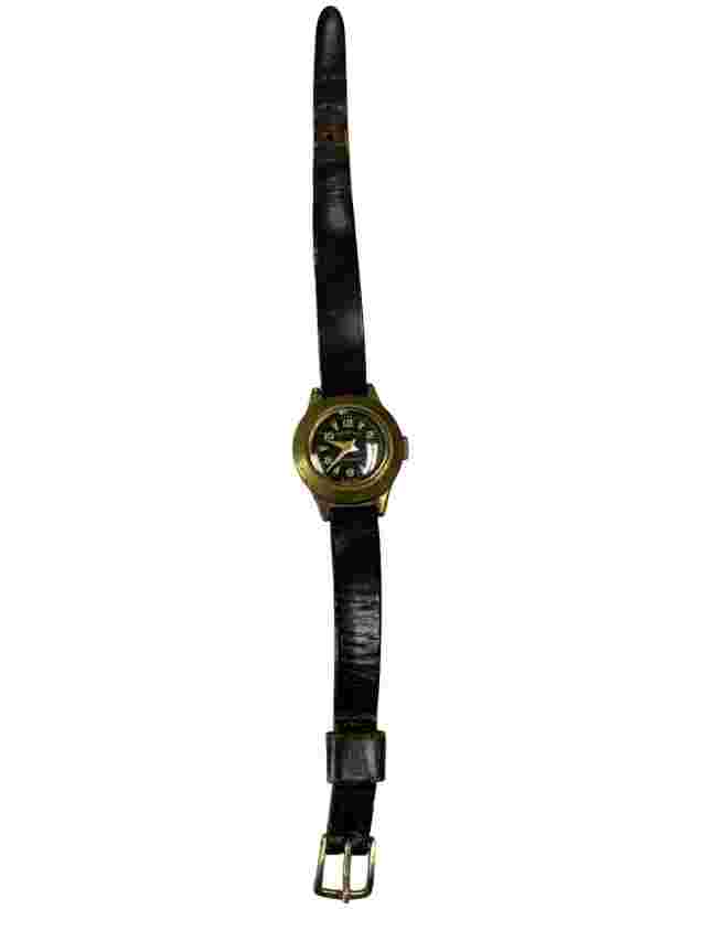 Genova Antimagnetic Gold Tone Black Dial Swiss Made Watch w/ Black Leather Band