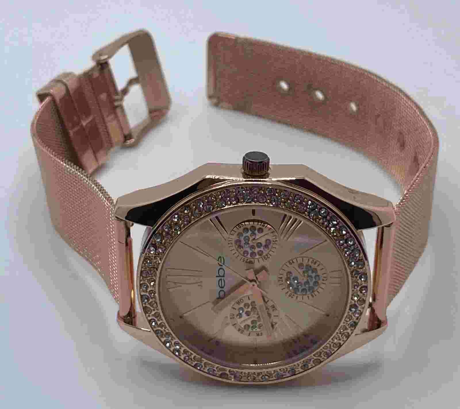 bebe Watch Womens 40mm Rose Gold Tone Case Dial Band Quartz Three Hands Analog