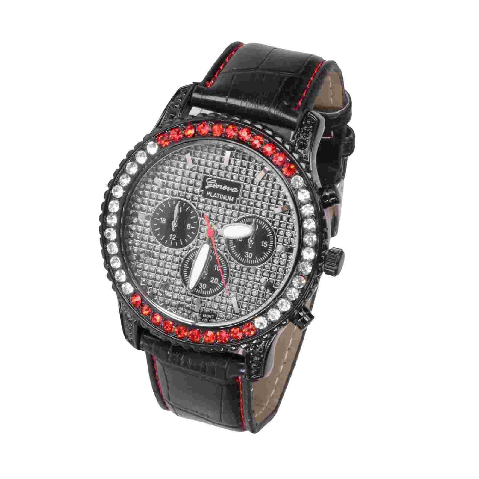 Geneva Platinum  Hip Hop Clubbing Black Leather Band New Clear & Red Crystals