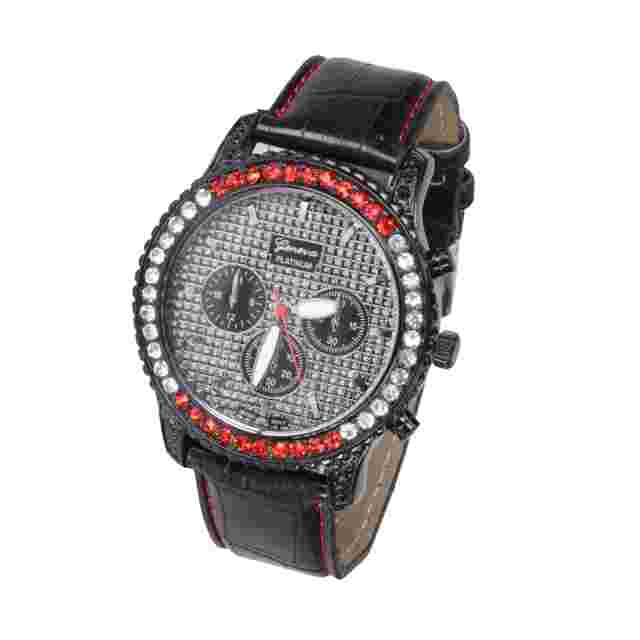 Geneva Platinum  Hip Hop Clubbing Black Leather Band New Clear & Red Crystals