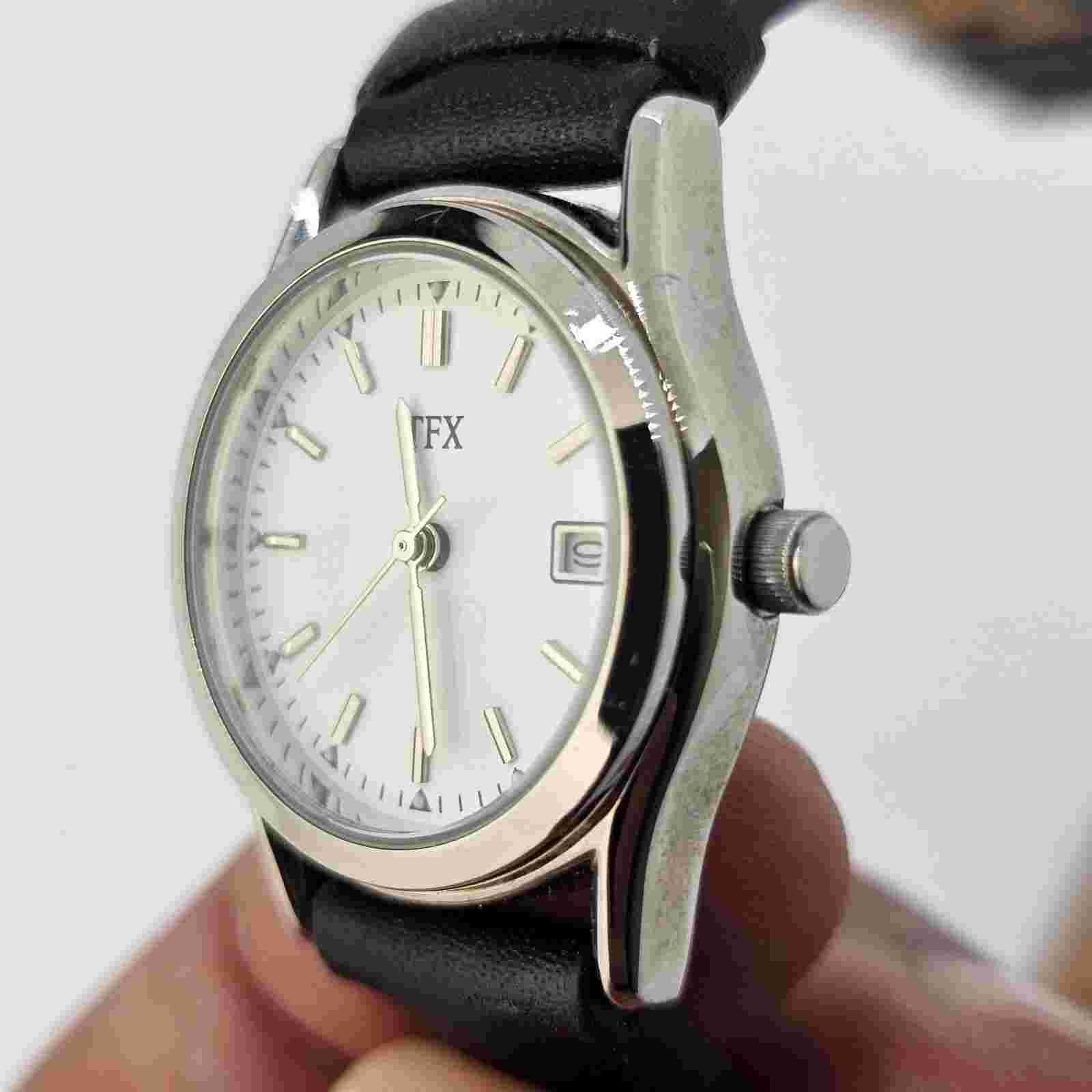 TFX Bulova Woman Watch White Dial Gray Tone Case Black Leather Band New Battery