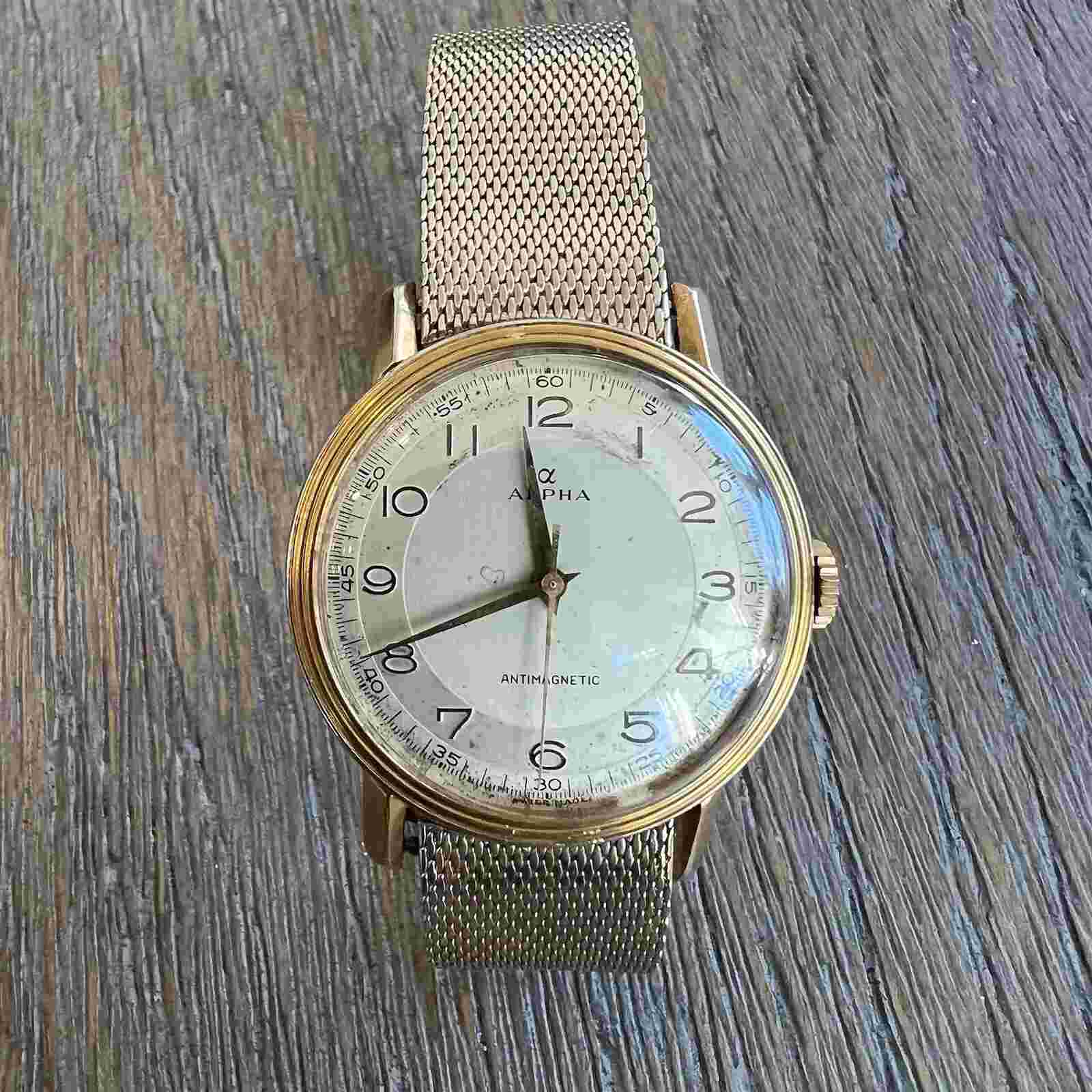 Vintage ALPHA Swiss Made Mechanical Watch 1950s Original Box Runs 35mm 10k RGP