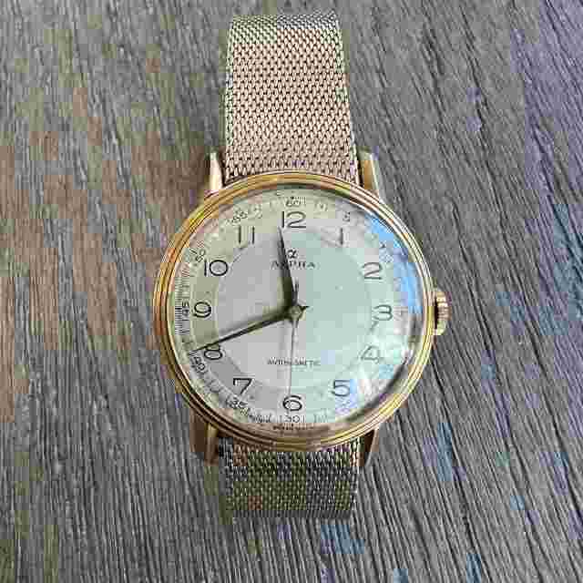 Vintage ALPHA Swiss Made Mechanical Watch 1950s Original Box Runs 35mm 10k RGP