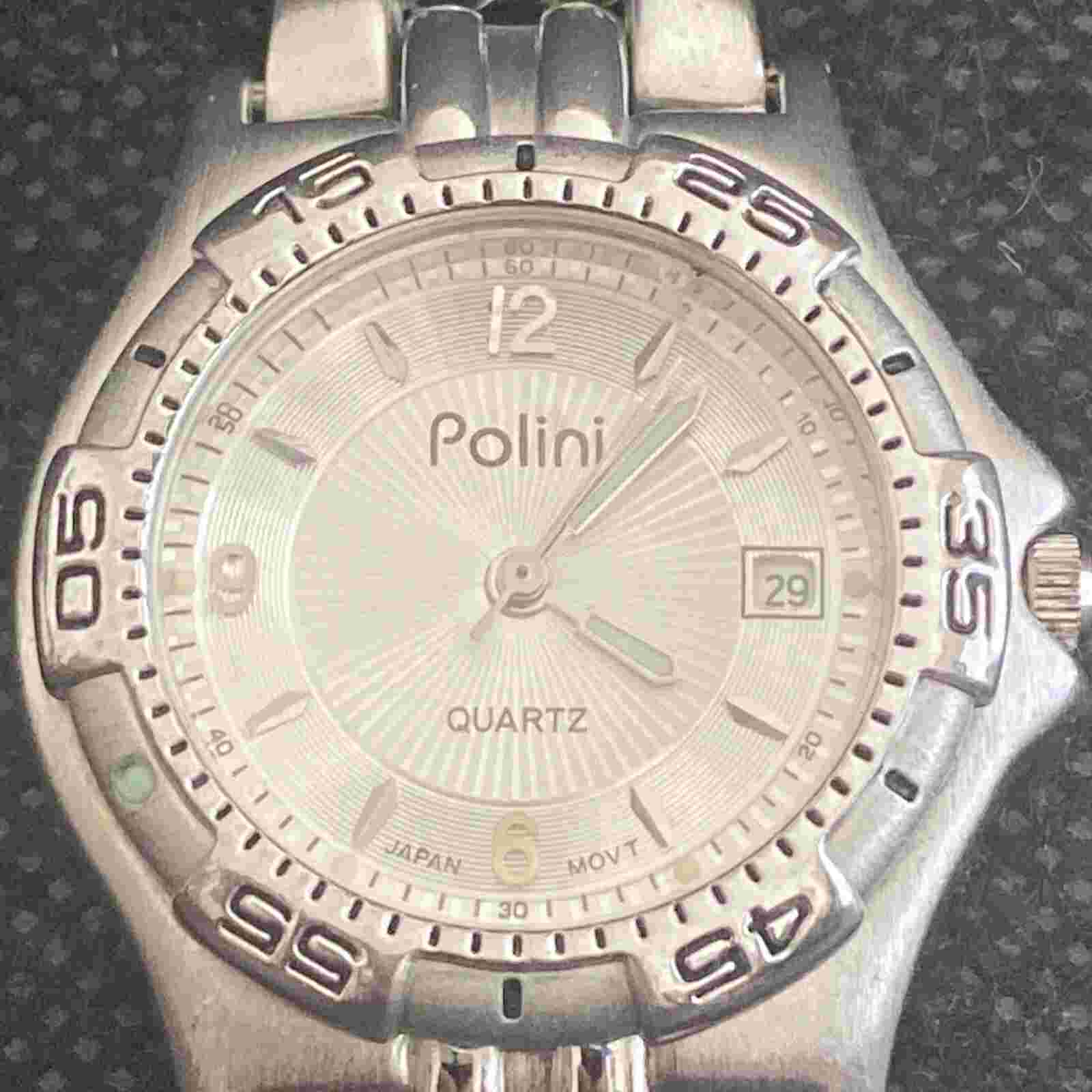 Vintage Polini Quartz Japan Movt Stainless Steel Link Band Wrist Watch Date