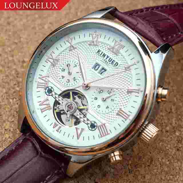Mens Automatic Mechanical Watch Date Day Rose Gold White Dial Purple Leather