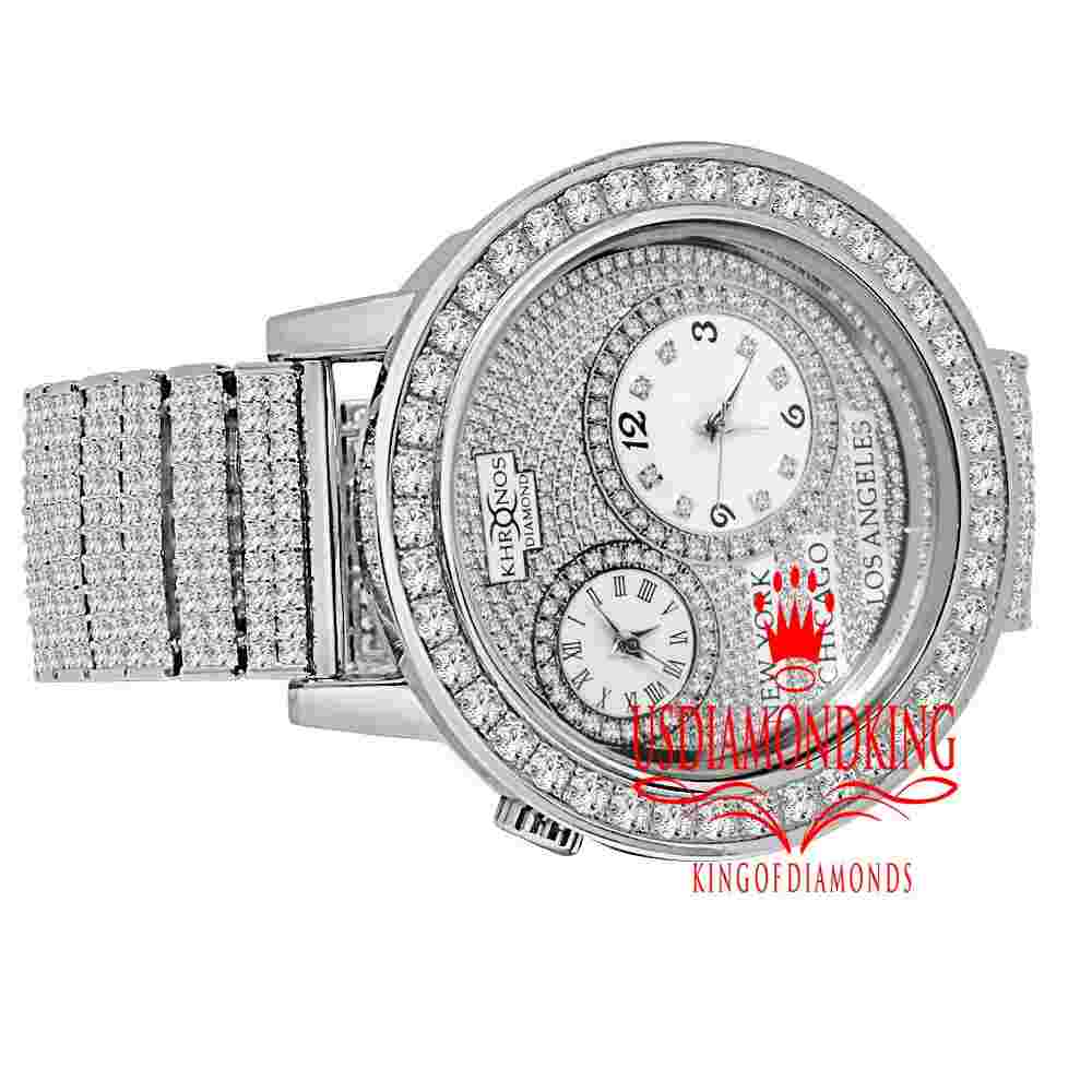 Steel Bezel 10 Row Custom Band 2 Time Zone Khronos Watch White Gold Tone Diamond