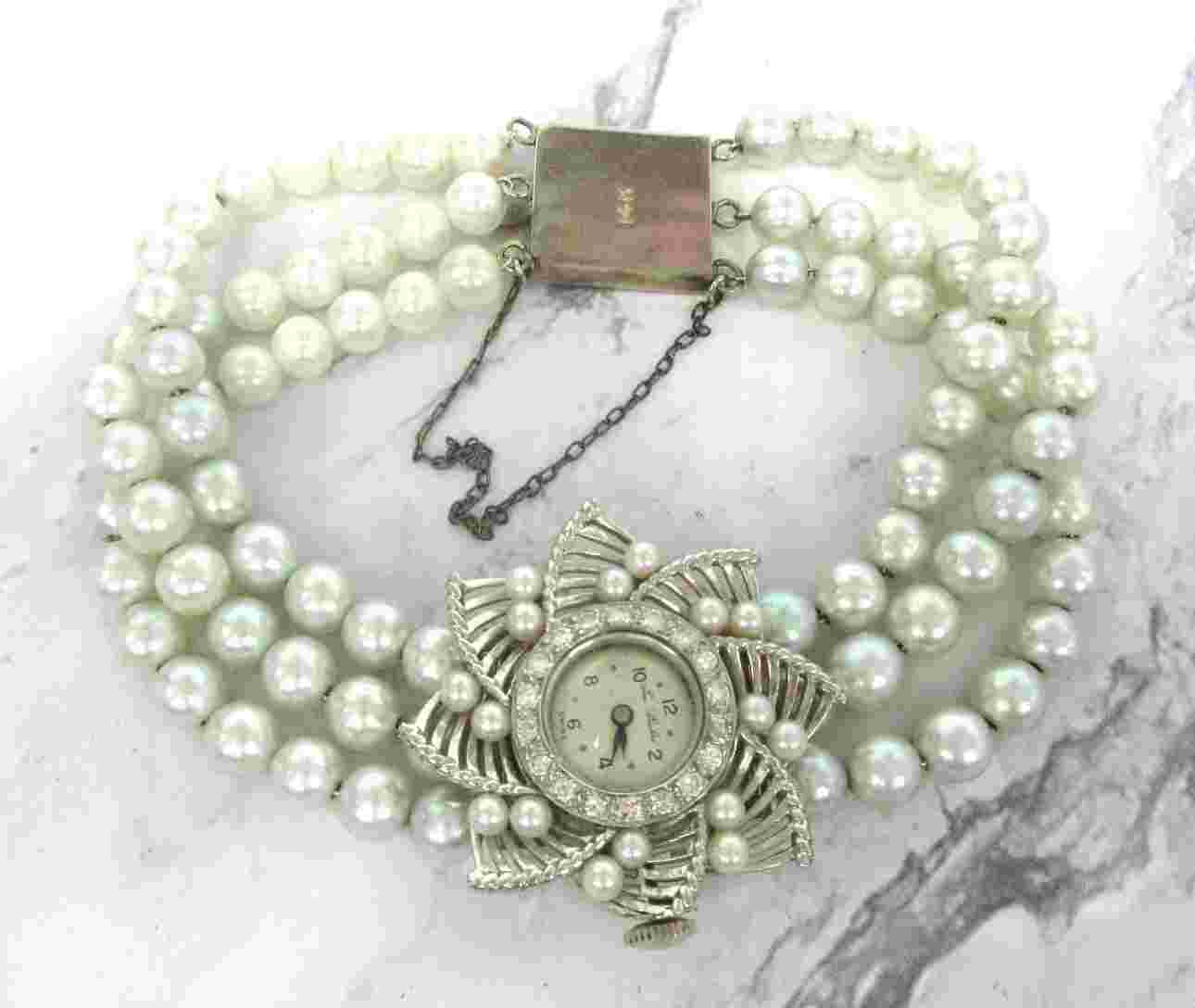 Vintage Paul Buhre 14K White Gold Flower Watch w 3-Strand Pearl Bracelet